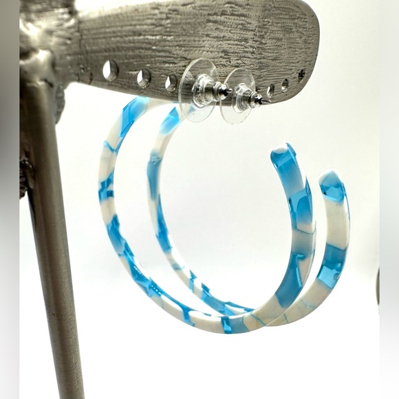 Turquoise Aqua & White Large Hoop Pierced Earrings-Retro Look! - Picture 6 of 10